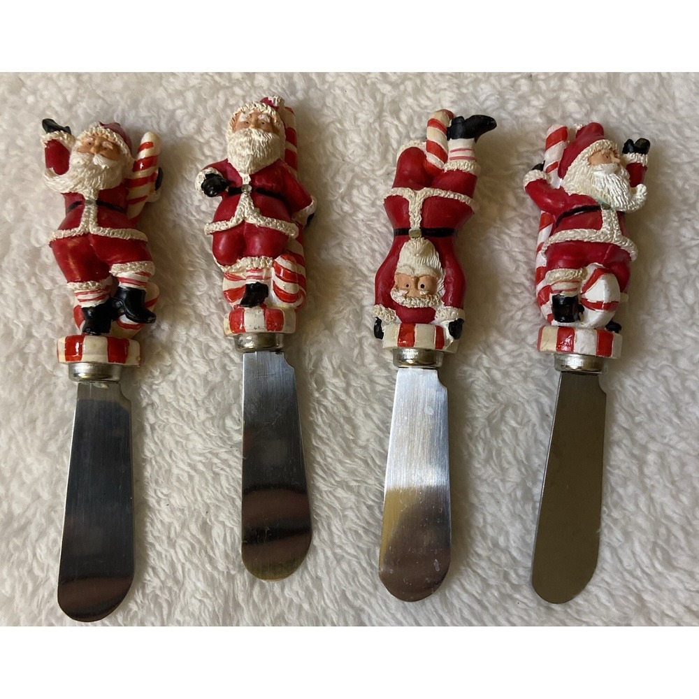 Boston Warehouse Peppermint Parade Santa Cheese Spreaders Knives Set of 4
